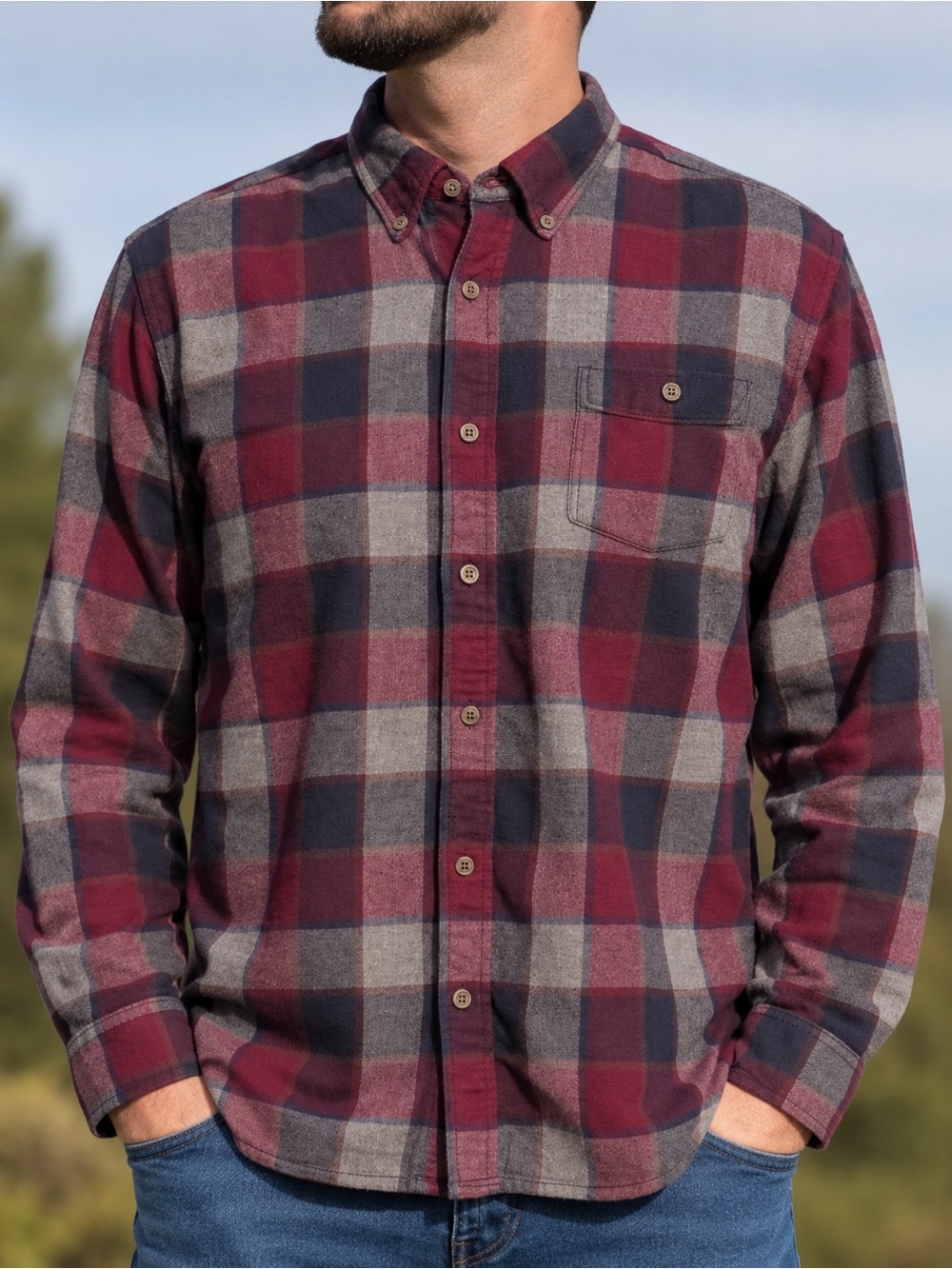 Original WEATHERPROOF Vintage Mens Plaid Flannel Shirt Burgundy Navy L